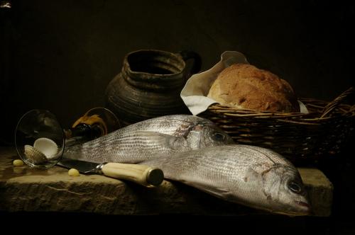 Still life with Fish, Bread and Wine